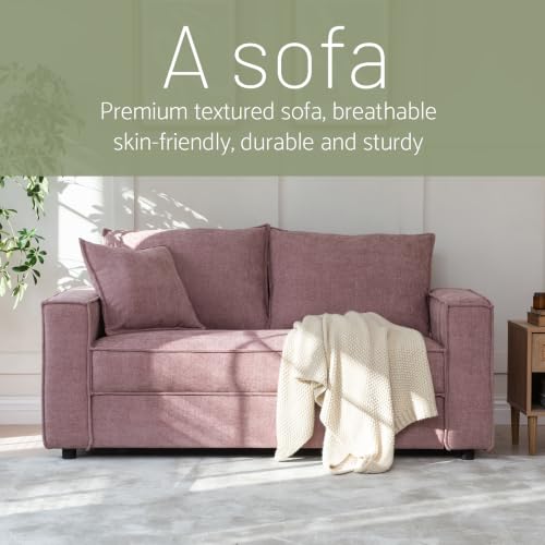 YUHUASHI Linen Fabric Loveseat Sofa, Modern Upholstered 2-Seater Couch with Square Arms and Throw Pillow, Sturdy Small Space Sofa Furniture for Living Room Bedroom Apartment (Pink, 65 Inch W) - color: Pink, size: 65 Inch W