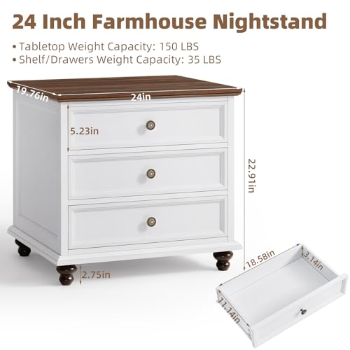 Joaxswe 24" Wide Farmhouse Night Stand,Large End Table with 3 Drawers & Metal Handle,White Wood Dresser for Bedroom Cabinet, Bed Side Tabl·e Chest of Drawers,Nightstand for Living Room - color: White, size: 24"W (3 Drawers)