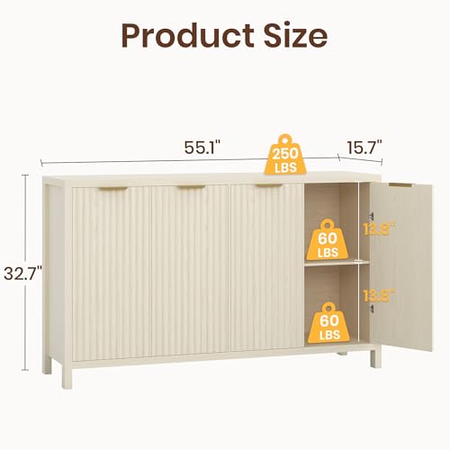 Fluted Buffet Cabinet with Storage, 55" Sideboard Cabinet with 4 Doors, Modern Credenza Accent Console Cabinet Coffee Bar Table for Living Room Dining Room Hallway, Natural - color: Natural