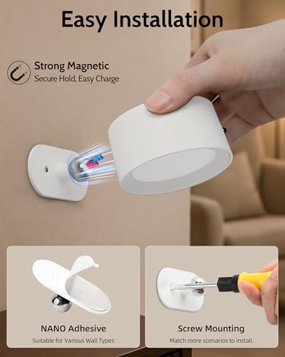 LED Wall Mounted Lights, Rechargeable Wall Sconces, 3 Color Temps, Remote & Touch, 360° Rotating and Dimmable for Bedroom, Bedside & Reading (White, 2 Pack) - color: White