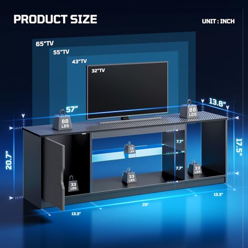 Bestier 57 Inch LED TV Stand for 55-65 Inch TVs, Gaming Center, Black | LED Lighting, RGB Effects, PS5/Xbox Storage, Adjustable Glass Shelves, Cable Management, Modern Black Design - color: Black Carbon Fiber