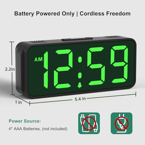 Peakeep Small Slim Digital Alarm Clock Battery Operated for Bedrooms Travel | Cordless Compact Portable Desk Clock, Large Numbers Auto Dimmable, LED Display 4 Dimmers, 5 Alarm Volumes - color: Green Digits