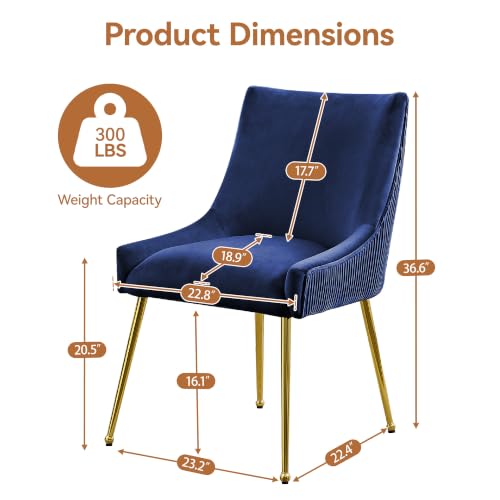 WUTUTUEE Velvet Dining Chairs Set of 4 Gold Legs,Upholstered Velvet Accent Chairs, Pleated Back Design & Gold Pull Handle, Mid Century Modern Chairs for Dining/Kitchen/Living Room,Blue - color: Blue, size: Set of 4