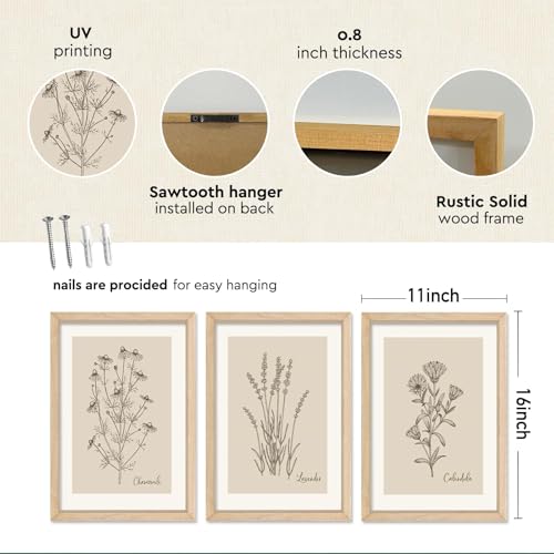 Vintage Botanical Prints Wall Art 11x16–3 Piece Rustic Frame Bathroom Decor | Minimalist Rustic Wildflower Pictures Floral Sign Bedroom Wall Hanging - color: Vintage Botanical (Wood), size: 11"L x 16"W