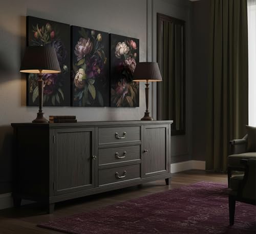 DYLGYWI 3 Pcs Moody Floral Canvas Wall Art | Vintage Dark Peony Flowers Botanical Still Life Picture Wall Decor Poster Print Artwork for Living Room Bedroom Home Decor - color: Black-Canvas, size: 24L" x 16W"