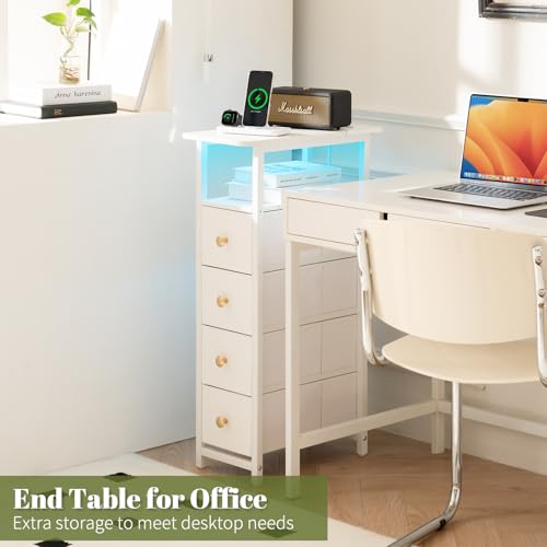 Yoobure LED Narrow Nightstand with Charging Station - Slim Dresser for Bedroom Narrow Side Table Storage Cabinet, Small Dressers Chest of Drawers, Tall Night Stand End Table for Small Spaces, White - color: White