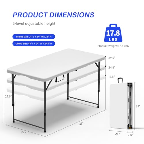 VSOAEIL 4 FT Folding Table 2 Pack Plastic Foldable Table Adjustable Height | 4 Feet Portable Heavy Duty Utility Folding Table with Handle for Picnic Party Dining Camping Indoor Outdoor,White - 4 Foot - color: White, size: 4 FT - 2 PACK