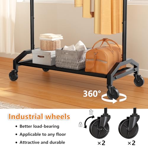 Wiracks Clothes Rack Clothing Racks for Hanging Clothes Heavy Duty Clothes Rack Hanger Rack 200lbs Capacity Industrial Wheels 1" Pipe,Rolling Garment Rack Portable Clothes Rack Black