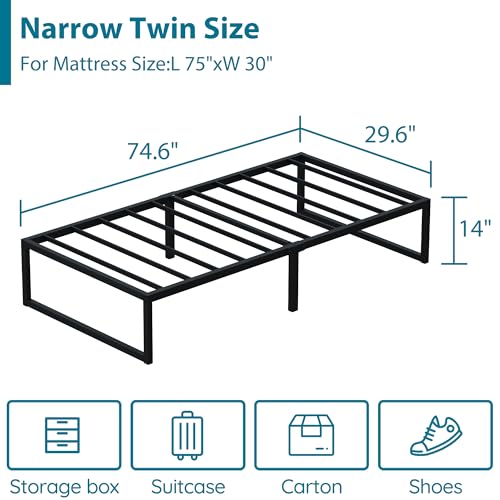 EMODA 14 Inch Narrow Twin Bed Frame 30x75, Heavy Duty Metal Platform | No Box Spring Needed, Easy Assembly Noise Free, Black - color: Black, size: Narrow Twin, style: 14 inch