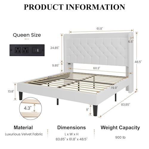 SHA CERLIN Queen Size Platform Bed Frame with Charging Station, Velvet Wingback Headboard with Storage Shelf, Wooden Slats Support, Ample Under-Bed Space, No Box Spring Needed, Easy Assembly, White - color: White, size: Queen