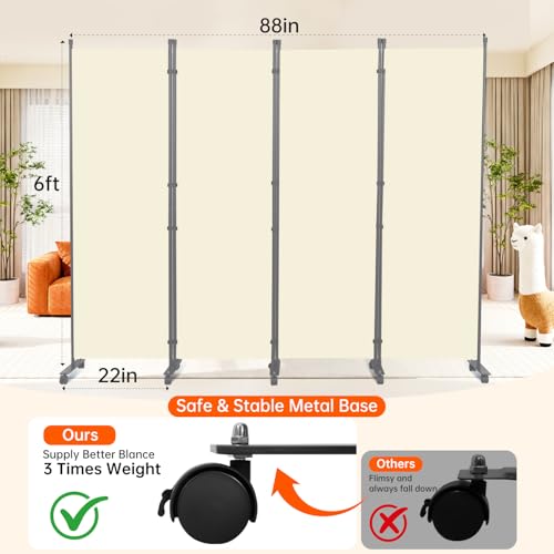 88" W 4 Panel Room Divider, Portable Privacy Screen W/Wheels Freestanding | Sturdy Metal Frame,Lockable Wheels,Freestanding Room Divider Panel,Portable Wall Divider for Room Separation,Beige - color: Beige, size: A-88''W-4 Panel