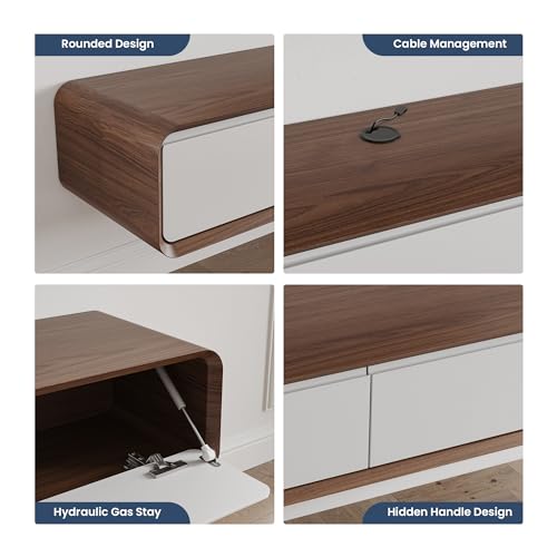 POVISON Fully-Assembled Minimalist Floating TV Stand, Modern Wall-Mounted Entertainment Center with 3 Flip-Down Cabinet Doors, Solid Wood, Walnut Veneer & White, 78" - color: Walnut & White, size: 78.74"