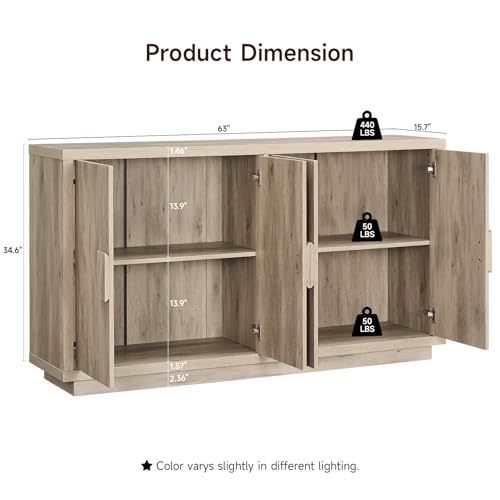 63" Sideboard Buffet Cabinet, Wooden Kitchen Coffee Bar, Light Grey | 4 Doors & Shelves, Ample Storage, Anti-Tip Fixation Design, Credenza Storage for Living Room, Hallway (63" Wide) - color: Light Grey
