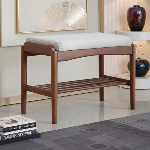 Black Walnut Shoe Bench Assembled, Solid Wood Shoe Rack Bench with Cushion for Entryway, Living Room, Bedroom, Hallway, 11.8" x 23.6" x 16.5" - color: Grey Cushion, size: 23.6"W