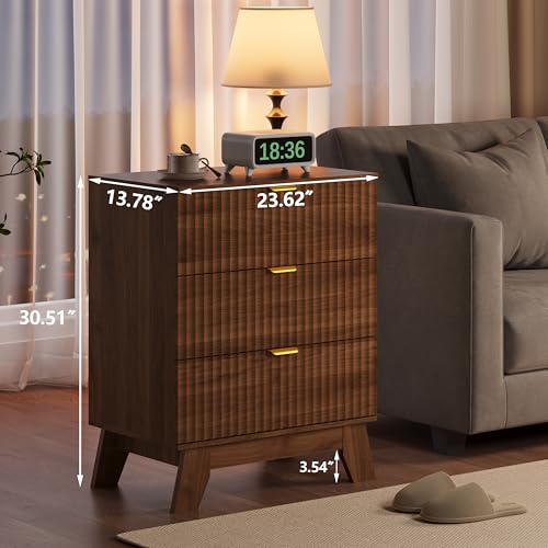 Fluted Nightstand with 3 Large Drawers, Wooden Side End Table with Elevated Legs for Easy Cleaning, Sturdy Modern Beside Table for Small Space, Bedroom, Walnut, 24" L - color: Walnut