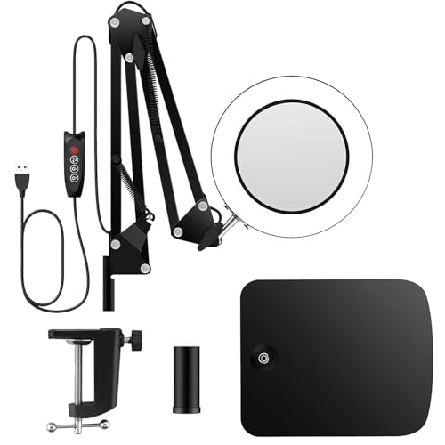 15X Real Glass Lens Magnifying Glass with Light – 3 Color Modes & Adjustable Brightness, Hands-Free Magnifier with Metal Base & Clamp for Crafts, Repair, Reading, Sewing, Painting & Close Work