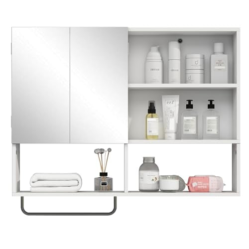 Bathroom Wall Cabinet with Mirror & Towel Bar, White - color: White-with Mirror