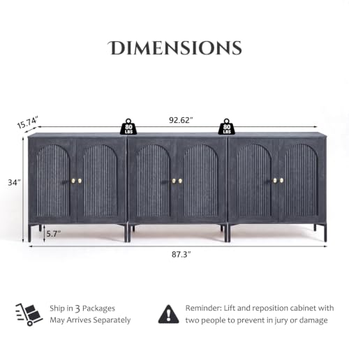 IFBUY 92.63" W Mid Century Modern TV Stands for Living Room, Dark Grey | Wood Entertainment Center w/Adjustable Shelves, Media Console w/Arched Fluted Doors, Entryway Cabinet Fits 75, 80, 85 Inch TV - color: Grey, size: 15.75"D x 92.63"W x 34"H
