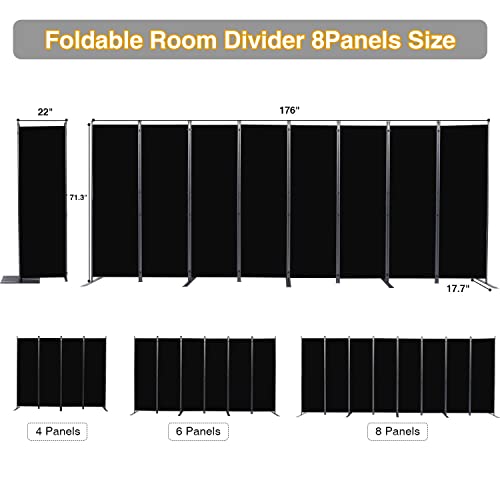 Room Divider, 8 Panel Folding Privacy Screens with Wider Feet, Black | 176" W X 71" H Room Divider Panel, Stable Frame Structure, Flexible Space Separator, Portable wall divider for Room Partition - color: Black, size: 22"- 8 Panel