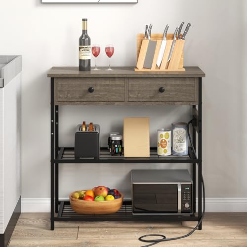 GIANTEX Industrial Console Table with Outlets, 3-Tier Narrow Entryway Table | Long Sofa Table w/ USB Ports, 2 Storage Drawers, Entry Table for Living Room, Hallway, Corridor, Behind Couch Use, Gray