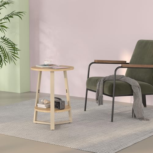 sthmec Small Round End Table, 2 Tier Side Table with Storage Shlef,Coffee Table Wooden Tabletop & Metal Frame,Round Accent Table Small Nightstands Couch Tables for Bedroom,Livingroom, Natural - color: Natural