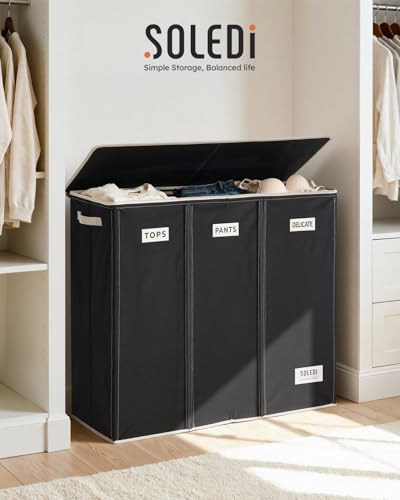 SOLEDI 200L 3-Section Laundry Hamper with Lid, Extra Large Dirty Clothes Basket with Sturdy Handles for Laundry Room & Bedroom - Durable Organizer for Sorting Laundry - color: Black, size: 200L
