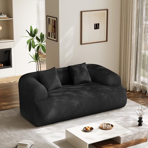 75" Boneless Cloud Loveseat, Modern Cute Curved Chenille Sofa, 2 Seater Compression Couch with 2 Pillows, No Assembly Required for Apartment Living Room, Black - color: Black, size: 75''
