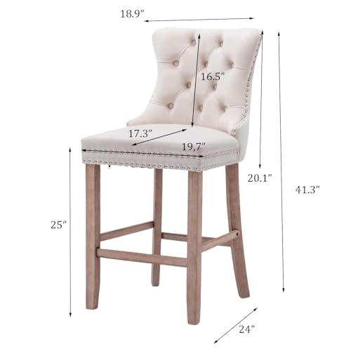 Modern Velvet Upholstered Bar Stools Set of 2 with Wood Legs, Button Tufted,Chrome Nailhead, Counterstool Seat, Armless Bar Chairs (Beige) - color: Beige, size: Set of 2