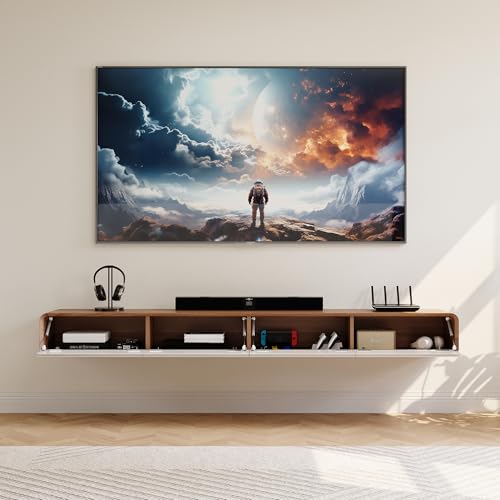 POVISON Fully-Assembled Minimalist Floating TV Stand, Modern Wall-Mounted Entertainment Center with 4 Flip-Down Cabinet Doors, Solid Wood, Walnut Veneer & White, 94" - color: Walnut & White, size: 94.49"