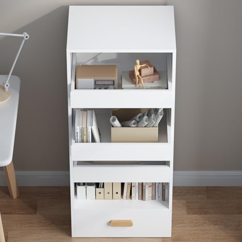 4-Tier Bookshelf with 4 Drawers, Tall Bookcase with 3 Sliding Drawers & Large Bottom Drawer, Engineered Wood Storage Shelf for Home Office, Living Room, Bedroom, Modern White - color: C-white