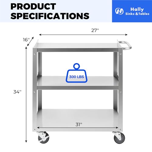 Hally Stainless Steel Utility Cart 3 Tier NSF Rolling Carts 31" Lx19 Wx34 H | Commercial Heavy Duty Metal Mobile Food Cart, with Handle and Wheels, for Kitchen, Restaurant, Hospital, Laboratory and Home - size: 19''x31''x34''