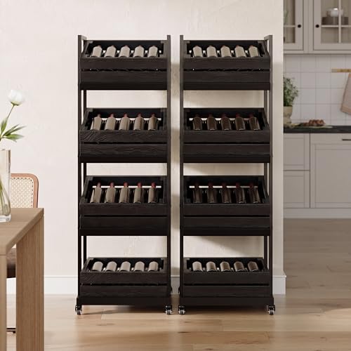 LITTLE TREE 4-Tier Basket Stand with Locked Wheels, Mobile Fruit and Vegetable Storage, Floor Stand Rack, Utility Shelf, for Kitchen, Living Room, Pantry (Black, 2) - color: Black, size: 4-Tier