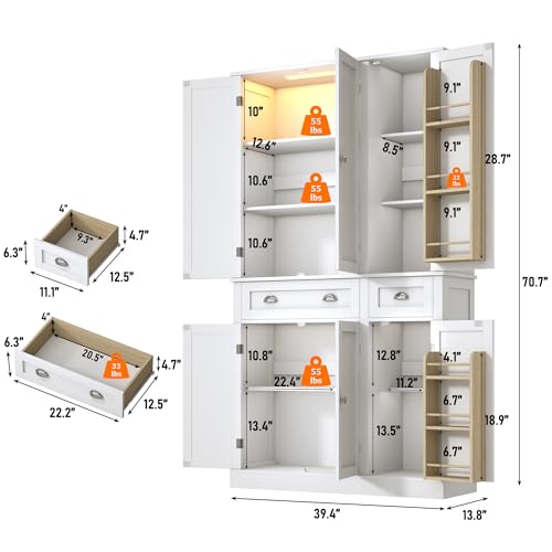 71"H Tall Kitchen Pantry Cabinet with LED Lights,39"W Modern Large Kitchen Hutch Cabinet w/6 Door Shelves,2 Large Drawer,Freestanding Food Pantry w/Adjustable Shelves for Kitchen,Dining Room,White - color: White