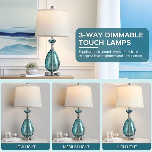 Coastal Glass Table Lamps Set of 2, 3-Way Dimmable Touch Control Nautical Lamp with USB A+C Ports,Bedside Lamp Beach Decor,Nightstand Lamp with White Shade for Living Room Bedroom(LED Bulbs Included) - color: Blue
