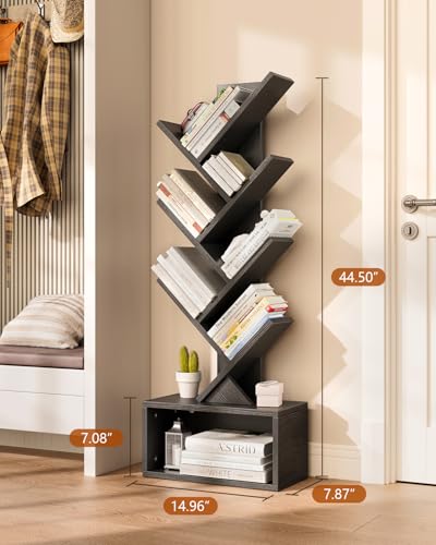 Evermagin 6 Tier Tree Bookshelf with Lights, LED Book Tree Bookcase | Black with Storage Organizer, Small Corner Bookshelf Floor Standing Book Shelf for Living Room, Bedroom & Home Office - color: Black
