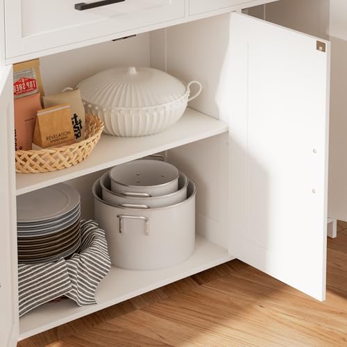 Homhedy Coffee Bar Storage Cabinet with Drawers, Kitchen Buffet Cabinet | Sideboard Cabinet with Doors, Farmhouse Buffet Cabinet, Adjustable Shelves, for Kitchen / Dining / Living Room, White - color: White
