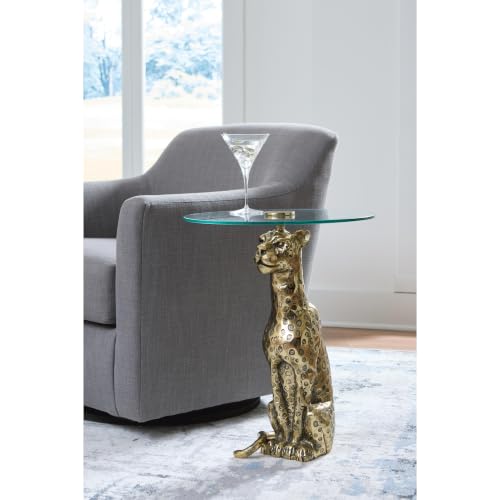 Signature Design by Ashley Vallain Leopard Gold Side Table Glass End Table | Heavyweight 40 lbs cast aluminum leopard base, Durable 18-inch tempered glass top, Compact 23.5-inch height for sofa side use