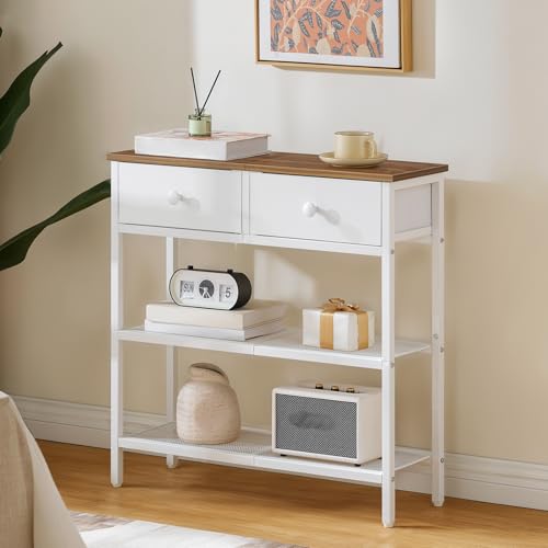 HOOBRO 29.5" Narrow Console Table with 2 Fabric Drawers, Sofa Table, Small Entryway Table with 3-Tier Storage Shelves, Behind Couch Table, for Living Room, Hallway, Walnut and White WH72XG01 - color: Walnut + White