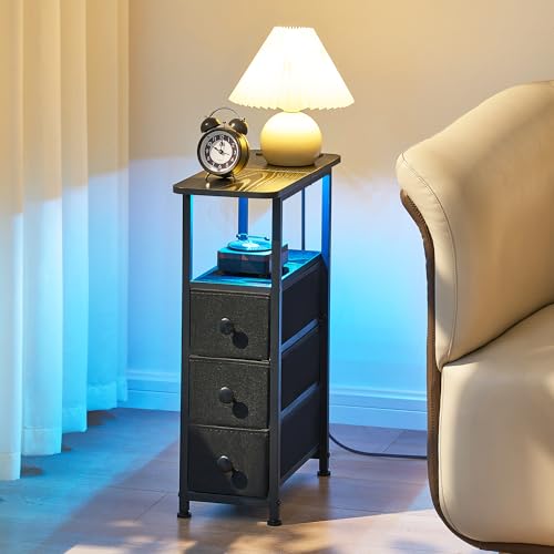 Narrow End Table with Charging Station, Narrow Side Table with Drawer, Small Nightstand with LED Light, Skinny Nightstand, Small Bedside Table for Living Room, Bedroom, Couch, Black - color: Black, size: 7.9" W x 18.9" D, style: Power + Light