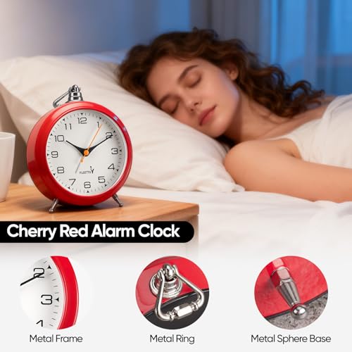 FLOITTUY 4.5" Battery Operated Antique Retro Analog Metal Alarm Clock, Silent Bedside Desk Clock, Wall-Hanging Vintage Clock(Cherry Red) - color: Cherry Red