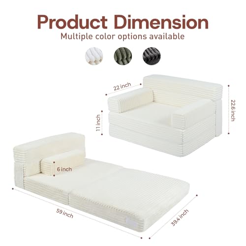 YEPDIN Folding Sofa Bed,Convertible Sofa Bed with Armrest Foldable Sleeper Chair, Portable Folding 4-in-1 Floor Sofa with Convertible Lounge Chair for Living Room,Bedroom,Washable Cover,White Single - color: White