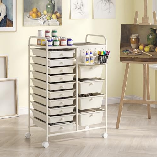 GOFLAME 14-Drawer Rolling Storage Cart with Pegboard, Craft Storage Cart with Lockable Wheels and Metal Frame, Multifunctional Art Cart Supply Storage Organizer for Home Office Classroom, White - color: White, size: 14-drawer with Pegboard-25"x14.5"x34.5"