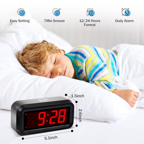 Digital Alarm Clock Battery Operated with LED Display for Bedrooms, Long Battery Life for 12 Months, 3 Brightness Adjustable, 12/24 Hour, Snooze, Black Case with Red Digits - color: Black-red
