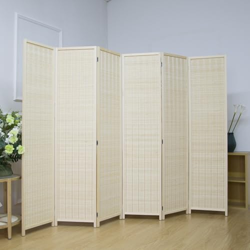 6 Panel Bamboo Room Divider Screen,5.6 FT Tall Bamboo Divider Folding Privacy Screen,Freestanding Panel Divider for Room Seperation,Beige - color: Beige, size: 6 Panel