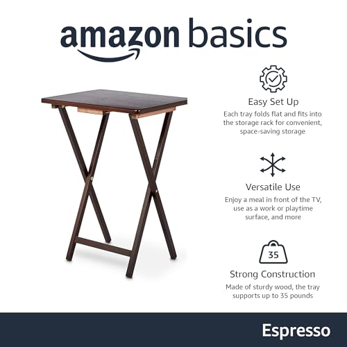 Amazon Basics Portable Foldable TV Tray Table with Storage Rack, Space-Saving Design, Sturdy Wood, 14.6" L x 19" W x 26" H, Espresso, 4-Pack - color: Espresso