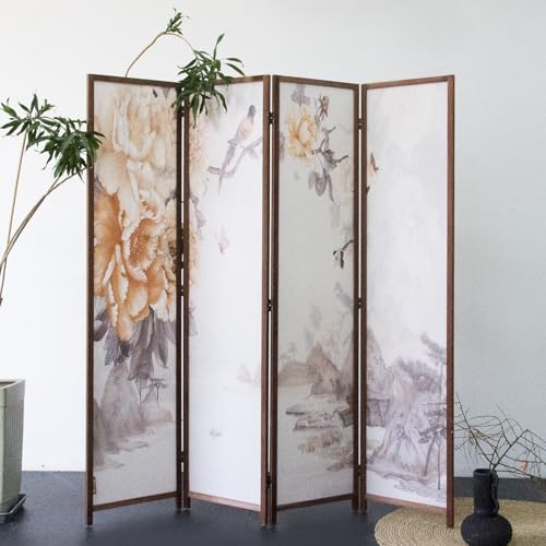4 Panel Room Divider for Room Separation, 5.6 ft Tall Double Sided Blackout Folding Privacy Screen for Home Office - Freestanding Partition with Peony Floral Artwork (67" H x 63" W) - color: Peony Floral, size: 4 Panel