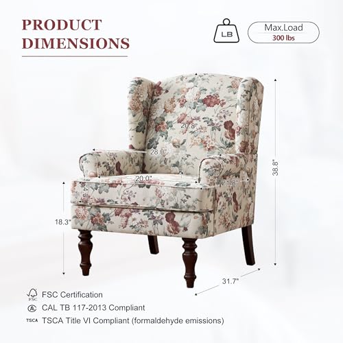 HUIMO Printed Wingback Accent Chair, Linen Upholstered High Back Armchair, Comfy Reading Chair for Living Room Bedroom Study, 300lbs Weight Capacity (1, Red Floral) - color: Red Floral