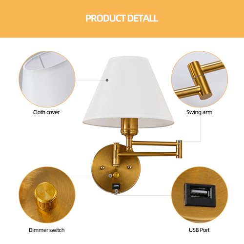 Swing Arm Wall Sconces, Plug-in Wall lamp,Bedroom Wall lamp , White Fabric Shade,,with dimmable Switch and USB Charging Port, Suitable for Bedside, Living Room, Reading (Golden) - color: Golden