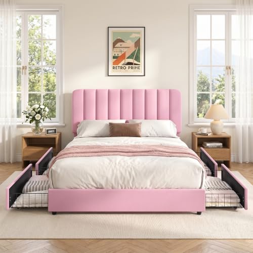 VECELO Full Size Upholstered Bed Frame with 4 Drawers and Headboard, Velvet Platform Storage Bedframe, Wooden Slats Support, No Box Spring Needed,Pink - color: Pink, size: Full, style: Bed Frame with Drawer