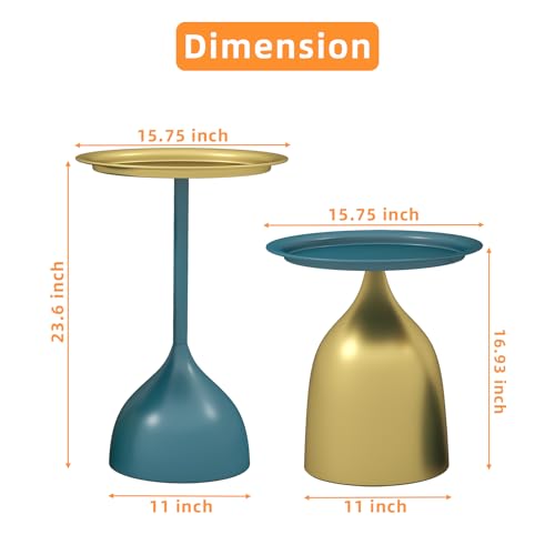 Benkyo Blue and Gold Nesting Tables Pedestal Coffee Table Set of 2 Round Side Tables Metal End Table Small Circle Modern Sofa Table for Living Room - color: Blue and Gold